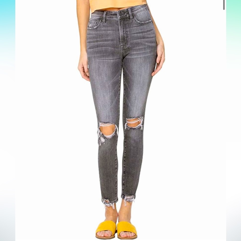VERVET by Flying Monkey Distressed Stretch Gray Skinny Jeans Holes High-Rise